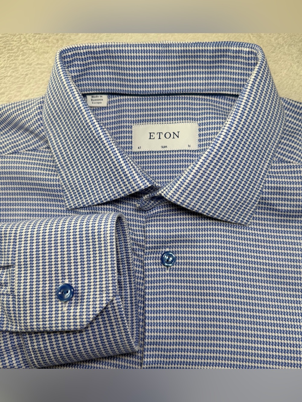 Eton Signature Twill Slim Blue Houndstooth Dress Shirt 16 41
